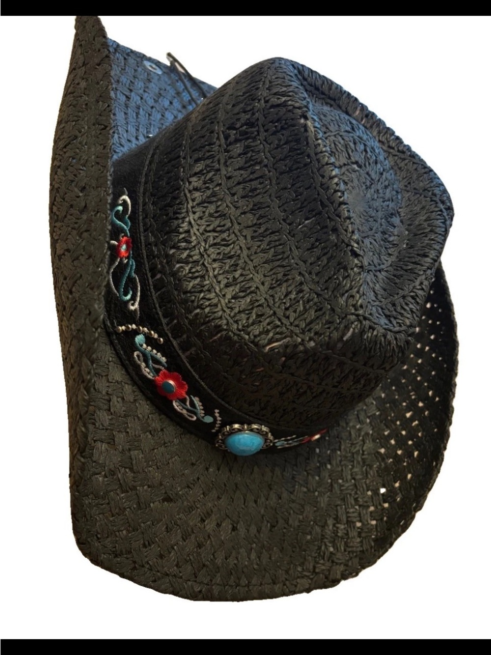 Peter Grimm Black Straw Cowboy Hat with Turquoise and Red Floral Accents